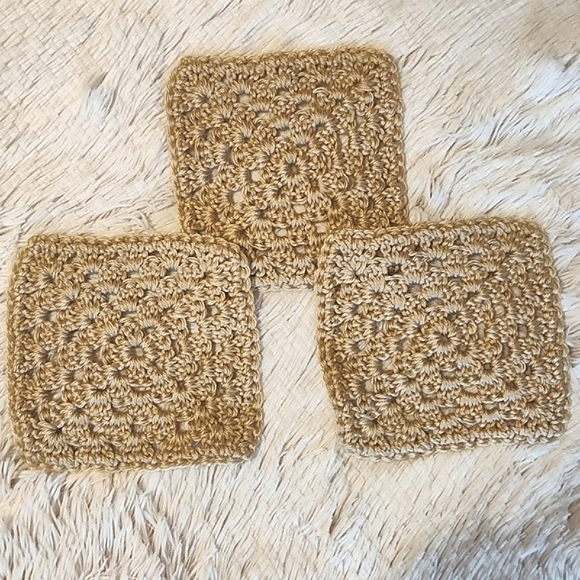 Set of 3 Gold Handmade Crocheted Granny Squares Trivets Craft Project Supplies - Picture 2 of 4